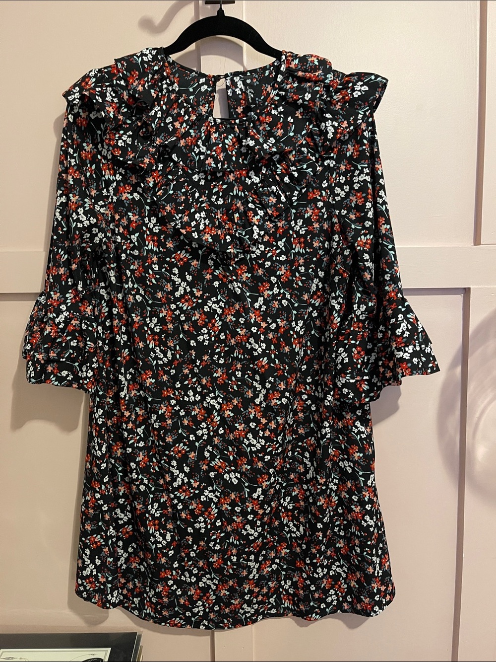 Black Floral Ruffle Dress with Blossoms